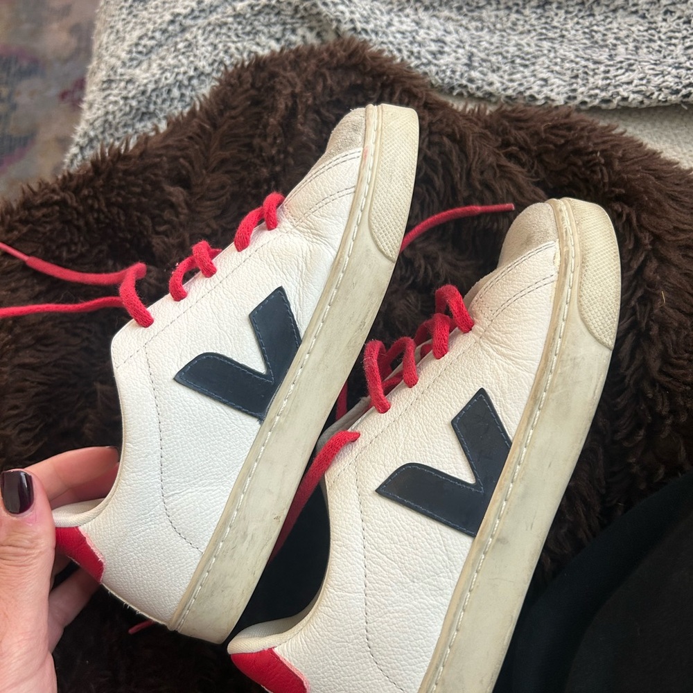 Veja Kids White Sneakers with Black V and Red Details